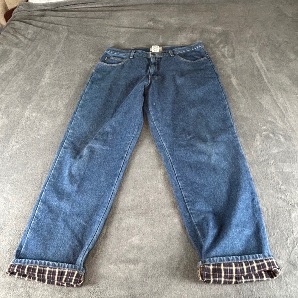 LL Bean Flannel Lined Jeans Mens 38x32 Natural Fit Blue Denim Plaid 130657